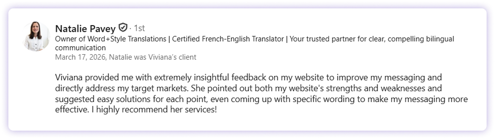Client testimonial from Natalie Pavey